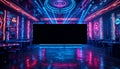 Empty Futuristic Bar Scene with Neon Lights and Blank Screen Backdrop Royalty Free Stock Photo