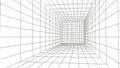 Empty futuristic 3D wireframe room. Vector perspective grid. Cyberspace background. Box with digital space in virtual reality Royalty Free Stock Photo