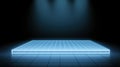 Futuristic glowing grid platform illuminating dark room