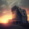 empty futuristic huge building at dawn in postapocalyptic city