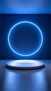 Empty Futuristic Podium With Bright Blue Neon Circle Light In Dark Room Royalty Free Stock Photo