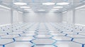 Empty futuristic white room with bright lighting featuring detailed geometric hexagonal floor and illuminated ceiling Royalty Free Stock Photo