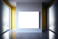 Empty gallery room with windows and clear picture frame sample on light gray wall