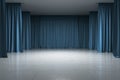 Empty gallery, stage with blue curtains, concrete floor and ceiling, illuminated artificially, front view, exhibition and showroom