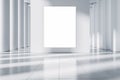 An empty gallery with white pillars and walls, a blank canvas, light floor, and soft shadows, conveying a modern and clean design Royalty Free Stock Photo