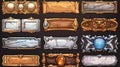An empty game banner frame with bronze, silver, and gold borders. A ranking ornament for game assets is isolated on a