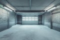 Empty garage interior covered in snow, single window lets in natural light, two white doors visible including one Royalty Free Stock Photo