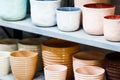 Empty garden pots in a row close up. Gardening concept