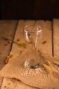 Empty glass of beer on wooden stand Royalty Free Stock Photo