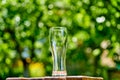 Empty glass of beer on wooden table on green nature background Royalty Free Stock Photo