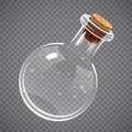 Empty glass bottle. Elixir, potion or chemistry concept. Full transparent.