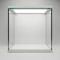 Empty Glass Display Case or Cube with White Base and Top on Gray Background glass cube Royalty Free Stock Photo