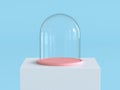 Empty glass dome with pastel pink tray on white podium with pastel blue background. Kids theme. 3D rendering.