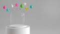 Empty glass dome with white tray on white podium on white background with hanging colorful balls and stars ornaments.