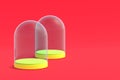 Empty glass domes on red background. Transparent flask. Copy space