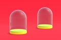 Empty glass domes on red background. Transparent flask