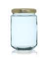 Empty glass jar closed by a metal cover with reflection, isolated on a white background Royalty Free Stock Photo