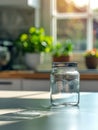Empty glass jar on a kitchen counter with plants on windowsill. Royalty Free Stock Photo