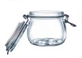 Empty glass jar with an open clamp cover on a white background