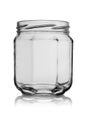 Empty glass jar of a six-sided form isolated on a white background with reflection