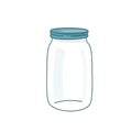 Empty glass jar vector illustration with lid. Cap close blank mason bottle. Simple flat cartoon background