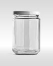 Empty glass jar and white cap in front view isolated on white background. Royalty Free Stock Photo