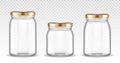 Empty glass jars different shapes with gold lids Royalty Free Stock Photo