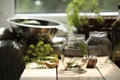 Empty glass jars and ingredients prepared for canning on wooden table indoors Royalty Free Stock Photo