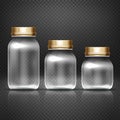 Empty glass jars with lods for grandma kitchen canning preserves vector set