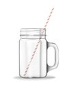 Empty glass mason jar with handle and drinking straw isolated on white, realistic vector illustration