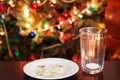 empty glass from milk and crumbs from cookies for Santa Claus un