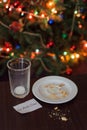 empty glass from milk and crumbs from cookies for Santa Claus un Royalty Free Stock Photo