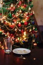 empty glass from milk and crumbs from cookies for Santa Claus un Royalty Free Stock Photo