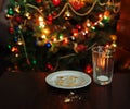 empty glass from milk and crumbs from cookies for Santa Claus un Royalty Free Stock Photo