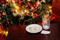 empty glass from milk and crumbs from cookies for Santa Claus un Royalty Free Stock Photo