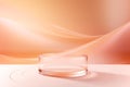 Empty glass podium for presentation on abstract flowing trendy peach fuzz color background