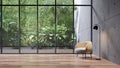 Empty glass room with tropical green plant wall background 3d render