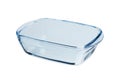 Empty glass, transparent baking tray with a bluish tinge. Isolated on a white background with reflection