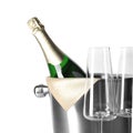 Empty glasses and metal bucket with bottle of champagne Royalty Free Stock Photo