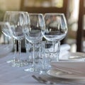 Empty glasses in restaurant background. Table set for an event party or wedding reception. Royalty Free Stock Photo
