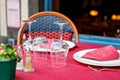 Empty glasses set in restaurant - Dinner table outdoors in France. Royalty Free Stock Photo