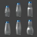 Empty glassware fragile packaging, transparent glass bottles milk, juice and water vector illustration