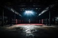 Empty gloomy boxing ring in the rays of spotlights. Generated by artificial intelligence