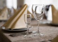 Empty goblets and other cutlery are served on the festive table Royalty Free Stock Photo
