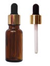 Empty gold bottle of cosmetic serum and pipette on a white background