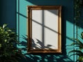 Empty gold-framed mirror on blue wall Royalty Free Stock Photo