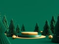 Empty gold podium or stage with Christmas decoration and paper pine trees on green background Royalty Free Stock Photo