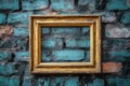 Empty golden vintage frame hanging on a textured teal brick wall, creating a stylish and artistic backdrop Royalty Free Stock Photo