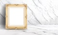 Empty golden vintage frame at white clean marble wall and floor Royalty Free Stock Photo