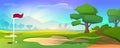 Cartoon golf course on nature landscape with red flag and ball on grass Royalty Free Stock Photo